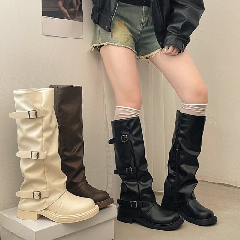 Women'S Fashion Leather Boots - أحذية نسائية برباط مطوي من الجلد