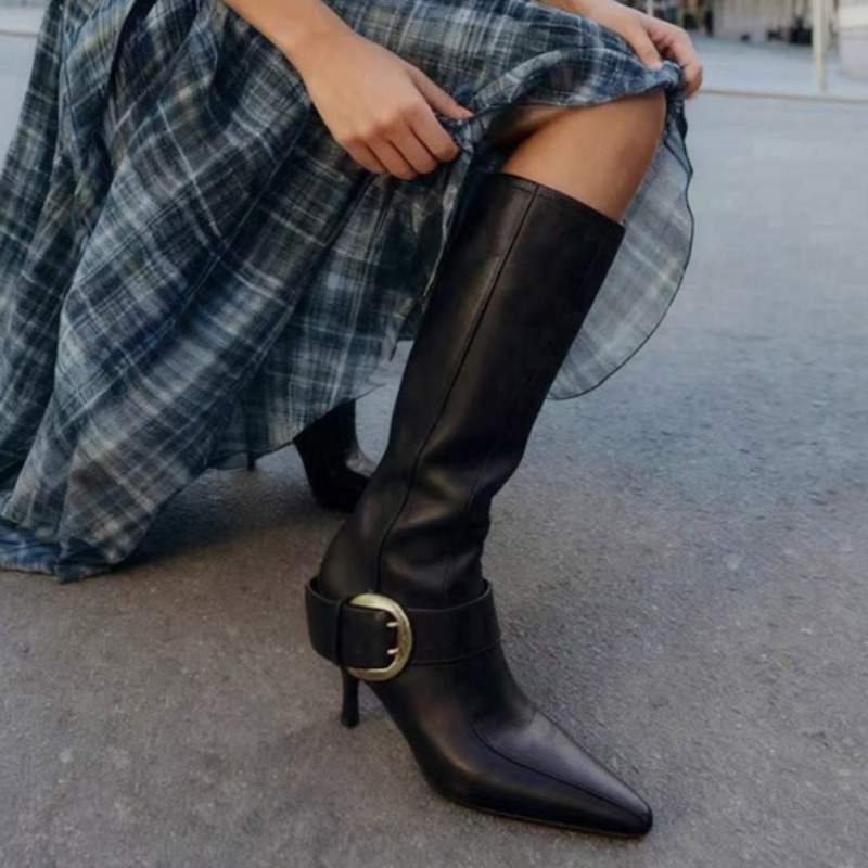 Women'S Fashion Leather Boots - أحذية نسائية بكعب عالٍ ومقدمة مدببة،