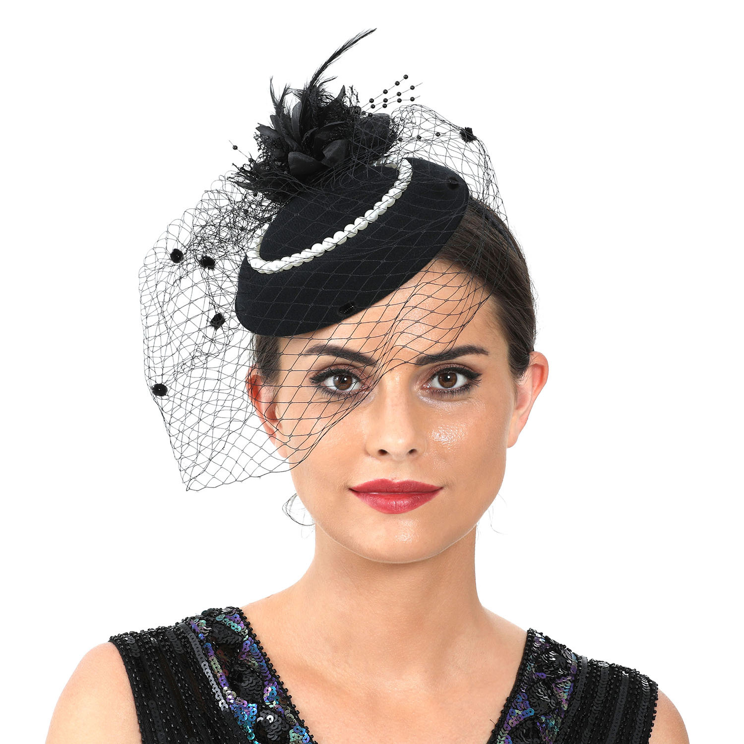 Women'S Fashion Kentucky Derby - قبعة نسائية من الريش مع حجاب،